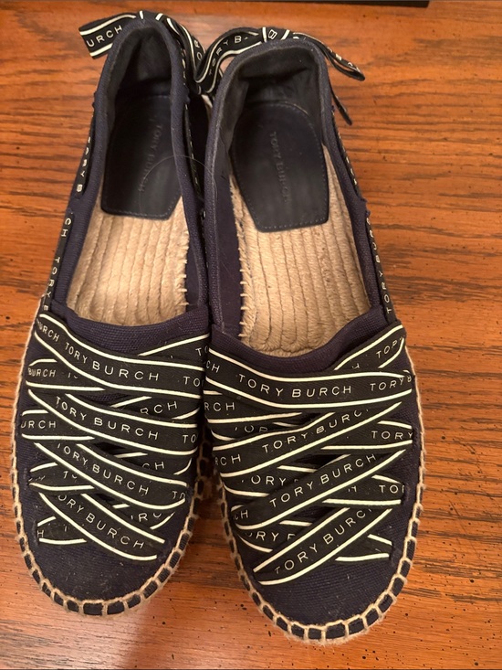 Tory Burch Shoes - Tory Burch Navy Logo Espadrille Slip-Ons
